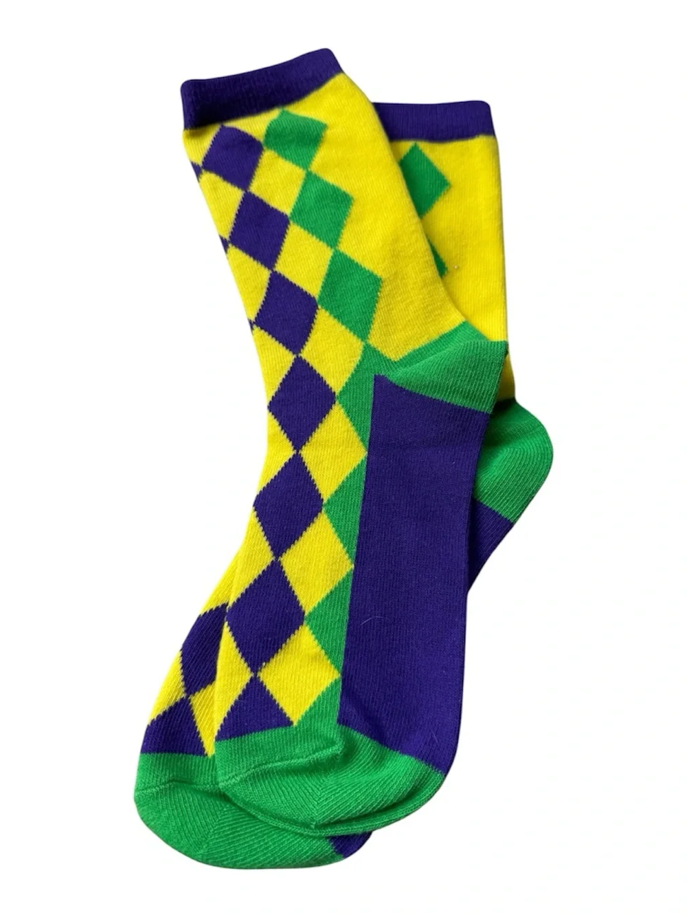 Unisex Argyle Crew Socks in Yellow, Green & Purple